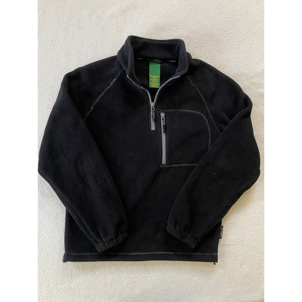 Cabelas Mens Medium Pullover Black Polartec Fleece Quarter Zip Chest Pocket